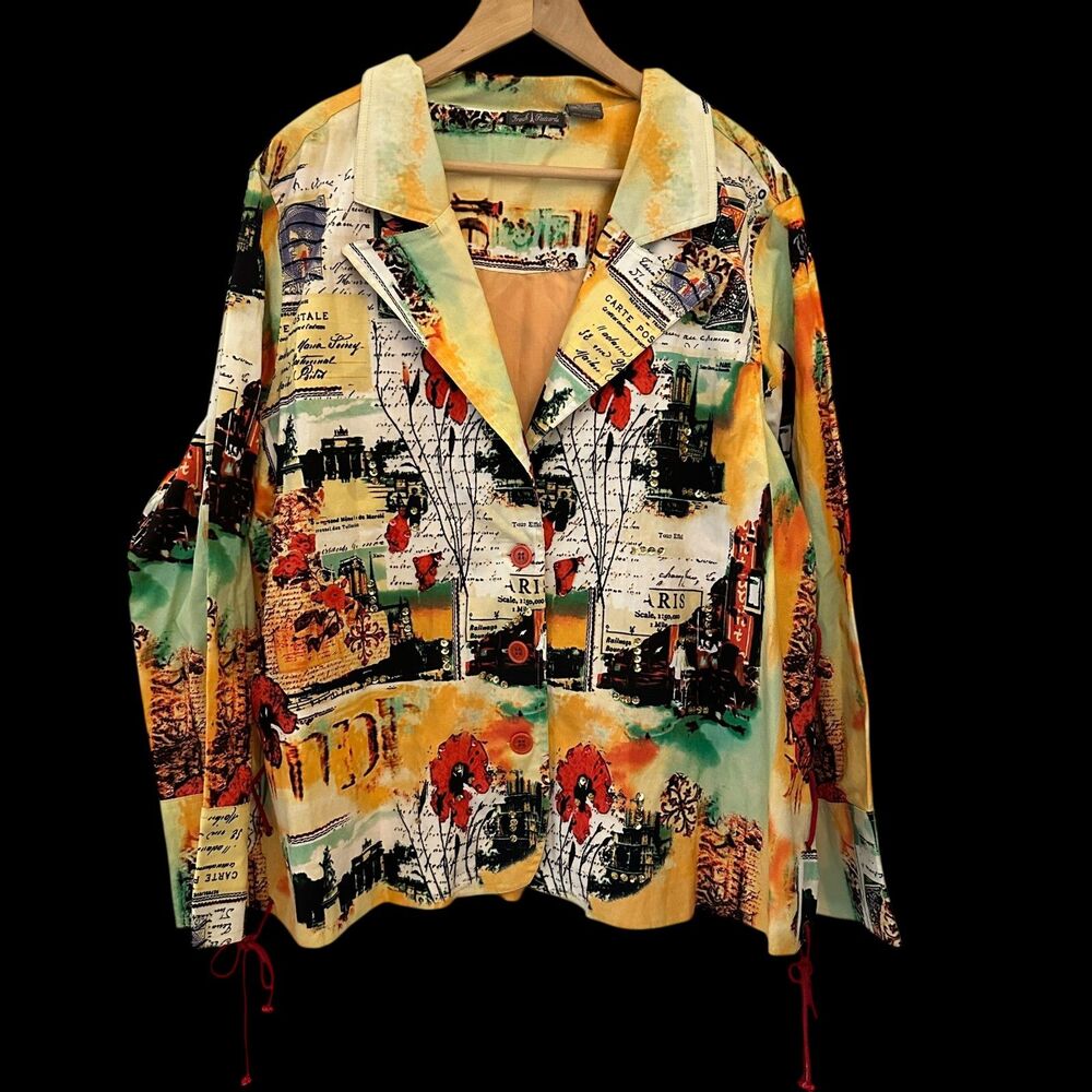 French Postcards Colorful Graphic Paris Cotton Stretch Button‎ Down Blazer 3X
